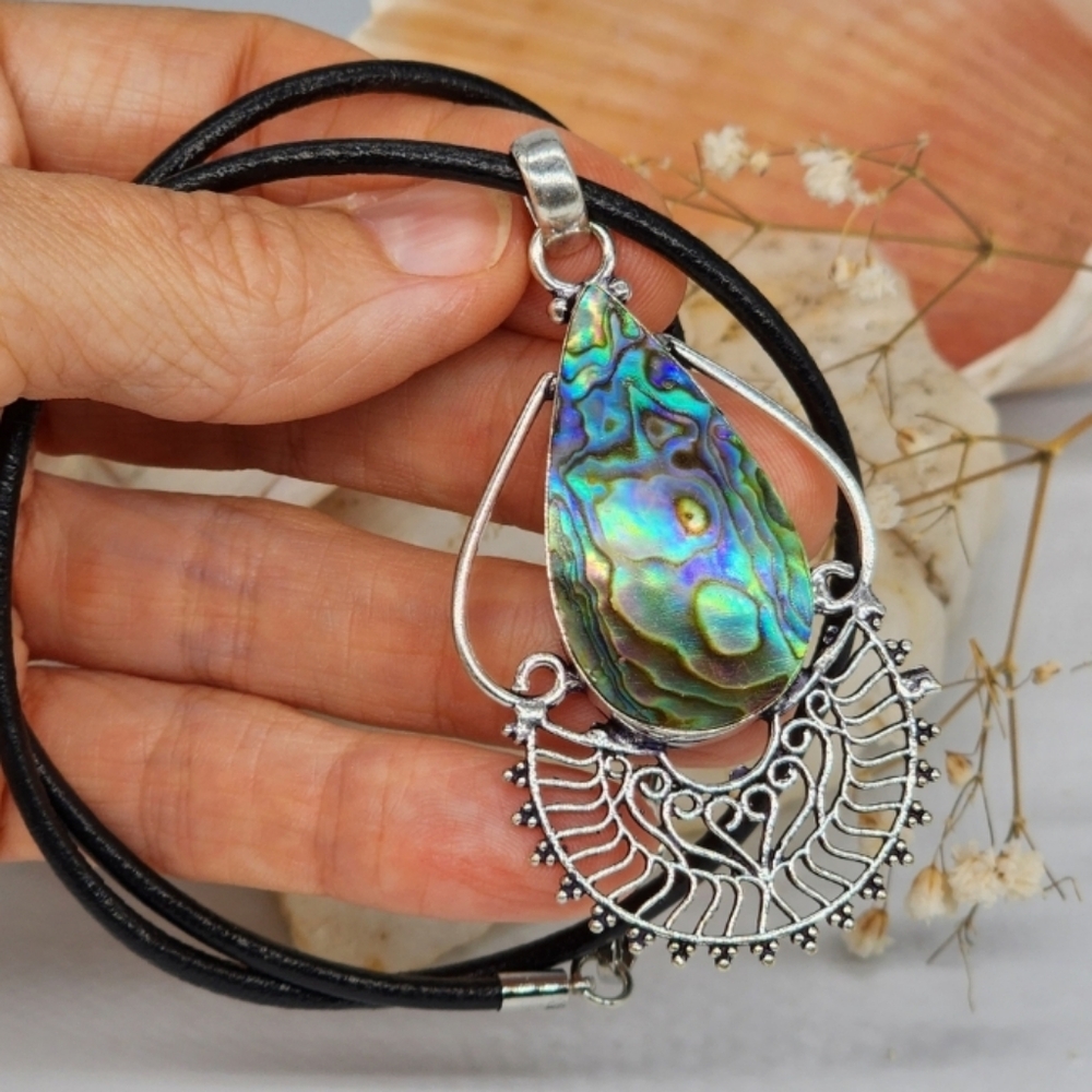 Large Genuine Abalone Jewelry Stone Silver 925 Pendant Leather Necklace